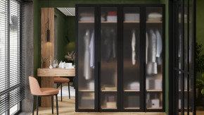 Спальный гарнитур «Порто» №4 Яблоня Беллуно/Графит/Стекло сатин черное в Челябинске - chelyabinsk.mebel-tymen.ru | фото